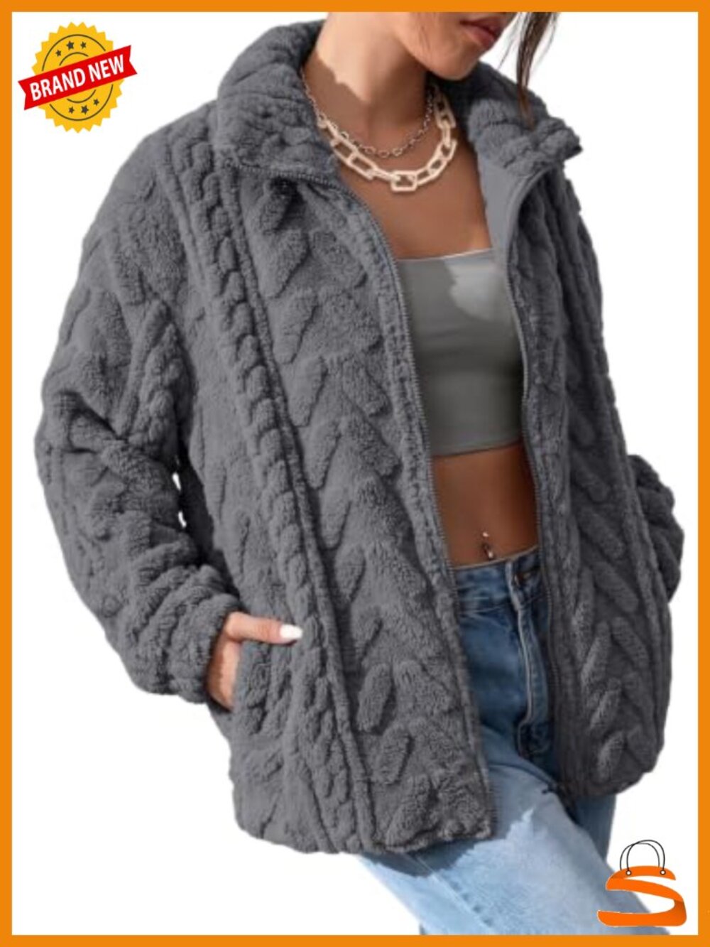 Fleece Jacket Zip-Up Stand Collar Oversized Winter Coat Pockets